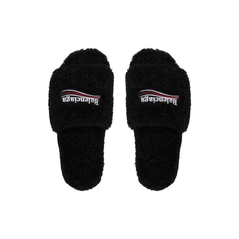 Balenciaga Black Furry Slide Sandals